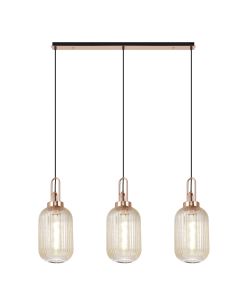 Urasawa Linear 3 Light Pendant E27 With 20cm Tubular Ribbed Glass, Champagne Copper/Matt Black