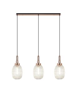Urasawa Linear 3 Light Pendant E27 With 20cm Almond Ribbed Glass, Champagne Copper/Matt Black