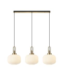 Urasawa Linear 3 Light Pendant E27, Brass Gold/Matt Black With 30cm Pumpkin Shaped Ribbed Opal Glass