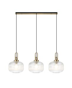 Urasawa Linear 3 Light Pendant E27, Brass Gold/Matt Black With 30cm Pumpkin Shaped Ribbed Clear Glass