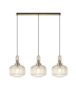 Urasawa Linear 3 Light Pendant E27, Brass Gold/Matt Black With 30cm Pumpkin Shaped Ribbed Champagne Glass