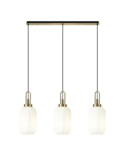 Urasawa Linear 3 Light Pendant E27 With 20cm Tubular Ribbed Glass, Opal Brass Gold/Matt Black