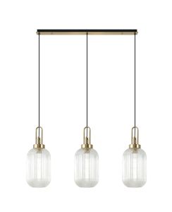 Urasawa Linear 3 Light Pendant E27 With 20cm Tubular Ribbed Glass, Clear Brass Gold/Matt Black