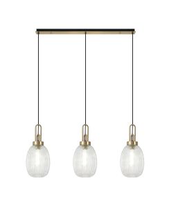 Urasawa Linear 3 Light Pendant E27 With 20cm Almond Ribbed Glass, Clear Brass Gold/Matt Black