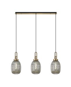 Urasawa Linear 3 Light Pendant E27 With 20cm Almond Ribbed Glass, Smoked Brass Gold/Matt Black