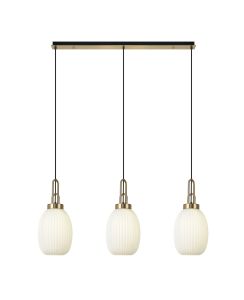 Urasawa Linear 3 Light Pendant E27 With 20cm Almond Ribbed Glass, Opal Brass Gold/Matt Black