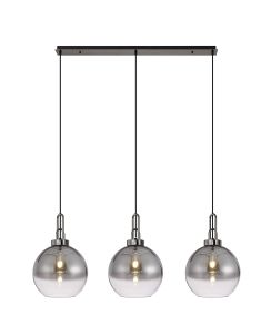 Urasawa Linear 3 Light Pendant E27 With 30cm Globe Glass, Smoked/Clear Black Chrome/Matt Black