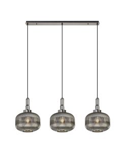 Urasawa Linear 3 Light Pendant E27, Black Chrome/Matt Black With 30cm Pumpkin Shaped Ribbed Smoked Glass