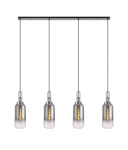 Urasawa Linear 4 Light Pendant E27 With 16cm Cylinder Glass, Smoked/Clear Polished Nickel/Matt Black