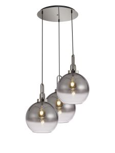 Urasawa 65cm Round 3 Light Pendant With 30cm Globe Glass, Polished Nickel/Matt Black Smoked/Clear