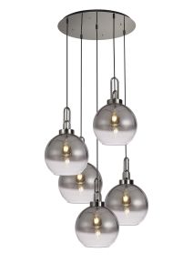Urasawa 75cm Round 5 Light Pendant With 30cm Globe Glass, Polished Nickel/Matt Black Smoked/Clear
