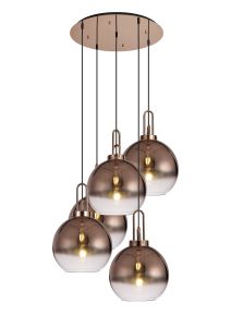 Urasawa Round 5 Light Pendant With 30cm Globe Glass, Copper/Matt Black Copper/Clear