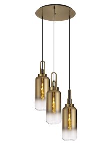 Urasawa 51cm Round 3 Light Pendant With 16cm Cylinder Glass, Brass Gold/Matt Black Brass Gold/Clear