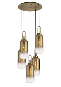 Urasawa Round 5 Light Pendant With 16cm Cylinder Glass, Brass Gold/Matt Black Brass Gold/Clear