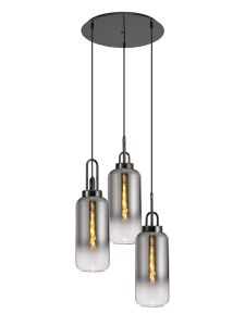 Urasawa 51cm Round 3 Light Pendant With 16cm Cylinder Glass, Black Chrome/Matt Black Smoked/Clear