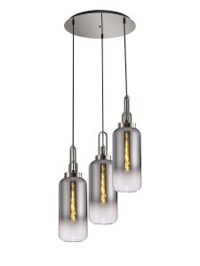 Urasawa 51cm Round 3 Light Pendant With 16cm Cylinder Glass, Polished Nickel/Matt Black Smoked/Clear