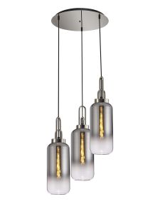 Urasawa Round 3 Light Pendant With 16cm Cylinder Glass, Polished Nickel/Matt Black Smoked/Clear