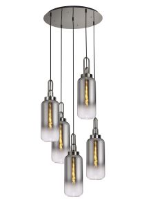 Urasawa 61cm Round 5 Light Pendant With 16cm Cylinder Glass, Polished Nickel/Matt Black Smoked/Clear