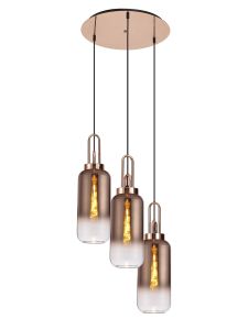 Urasawa 51cm Round 3 Light Pendant With 16cm Cylinder Glass, Copper/Matt Black Copper/Clear