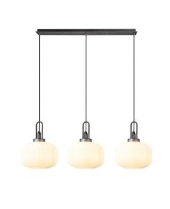 Urasawa Linear 3 Light Pendant E27, Aged Pewter/Matt Black With 30cm Pumpkin Shaped Ribbed Opal Glass