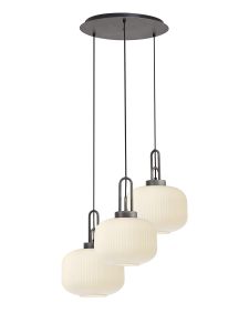 Urasawa 65cm 2m Round Pendant, 3 x E27, Pewter/Matt Black With 30cm Pumpkin Shaped Ribbed Opal Glass
