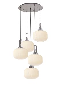 Urasawa 75cm 2.5m Round Pendant, 5 x E27, Pewter/Matt Black With 30cm Pumpkin Shaped Ribbed Opal Glass
