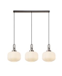 Urasawa Linear 3 Light Pendant E27, Antique Silver/Matt Black With 30cm Pumpkin Shaped Ribbed Opal Glass