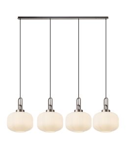 Urasawa Linear Pendant, 4 x E27, Antique Silver/Matt Black With 30cm Pumpkin Shaped Ribbed Opal Glass