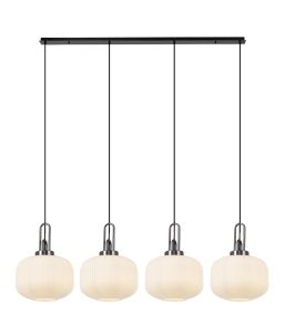 Urasawa Linear Pendant, 4 x E27, Black Chrome/Matt Black With 30cm Pumpkin Shaped Ribbed Opal Glass