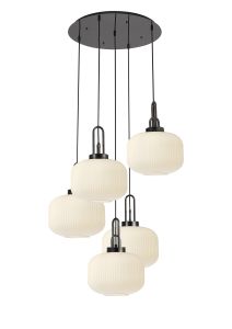 Urasawa 75cm 2.5m Round Pendant, 5 x E27, Black Chrome/Matt Black With 30cm Pumpkin Shaped Ribbed Opal Glass