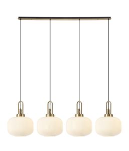Urasawa Linear Pendant, 4 x E27, Brass Gold/Matt Black With 30cm Pumpkin Shaped Ribbed Opal Glass