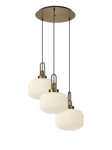 Urasawa 65cm 2m Round Pendant, 3 x E27, Brass Gold/Matt Black With 30cm Pumpkin Shaped Ribbed Opal Glass