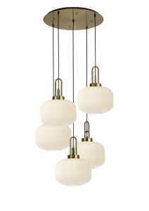 Urasawa 75cm 2.5m Round Pendant, 5 x E27, Brass Gold/Matt Black With 30cm Pumpkin Shaped Ribbed Opal Glass