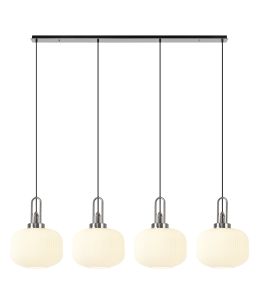 Urasawa Linear Pendant, 4 x E27, Polished Nickel/Matt Black With 30cm Pumpkin Shaped Ribbed Opal Glass