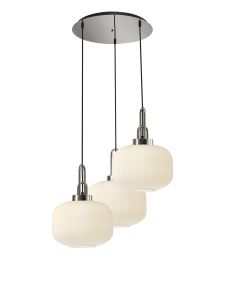 Urasawa 65cm 2m Round Pendant, 3 x E27, Polished Nickel/Matt Black With 30cm Pumpkin Shaped Ribbed Opal Glass