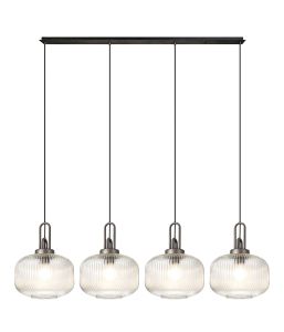 Urasawa Linear Pendant, 4 x E27, Aged Pewter/Matt Black With 30cm Pumpkin Shaped Ribbed Clear Glass