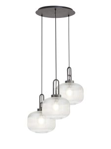 Urasawa 65cm 2m Round Pendant, 3 x E27, Pewter/Matt Black With 30cm Pumpkin Shaped Ribbed Clear Glass