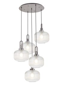 Urasawa 75cm 2.5m Round Pendant, 5 x E27, Pewter/Matt Black With 30cm Pumpkin Shaped Ribbed Clear Glass