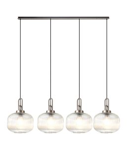 Urasawa Linear Pendant, 4 x E27, Antique Silver/Matt Black With 30cm Pumpkin Shaped Ribbed Clear Glass