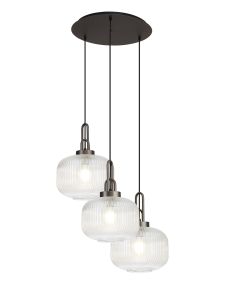 Urasawa 65cm 2m Round Pendant, 3 x E27, Antique Silver/Matt Black With 30cm Pumpkin Shaped Ribbed Clear Glass
