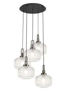 Urasawa 75cm 2.5m Round Pendant, 5 x E27, Antique Silver/Matt Black With 30cm Pumpkin Shaped Ribbed Clear Glass