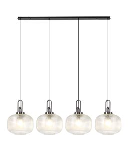 Urasawa Linear Pendant, 4 x E27, Black Chrome/Matt Black With 30cm Pumpkin Shaped Ribbed Clear Glass