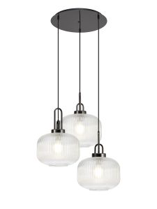 Urasawa 65cm 2m Round Pendant, 3 x E27, Black Chrome/Matt Black With 30cm Pumpkin Shaped Ribbed Clear Glass