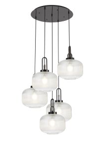 Urasawa 75cm 2.5m Round Pendant, 5 x E27, Black Chrome/Matt Black With 30cm Pumpkin Shaped Ribbed Clear Glass