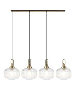 Urasawa Linear Pendant, 4 x E27, Brass Gold/Matt Black With 30cm Pumpkin Shaped Ribbed Clear Glass