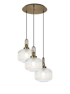 Urasawa 65cm 2m Round Pendant, 3 x E27, Brass Gold/Matt Black With 30cm Pumpkin Shaped Ribbed Clear Glass