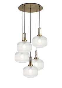 Urasawa 75cm 2.5m Round Pendant, 5 x E27, Brass Gold/Matt Black With 30cm Pumpkin Shaped Ribbed Clear Glass