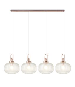 Urasawa Linear Pendant, 4 x E27, Copper/Matt Black With 30cm Pumpkin Shaped Ribbed Clear Glass
