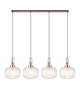 Urasawa Linear Suspension Kit, 4 x E27, Copper/Matt Black With 30cm Pumpkin Shaped Ribbed Clear Glass