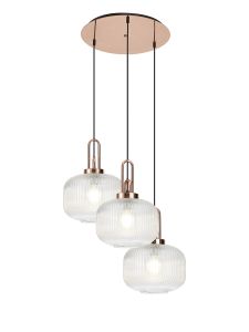 Urasawa 65cm 2m Round Pendant, 3 x E27, Copper/Matt Black With 30cm Pumpkin Shaped Ribbed Clear Glass